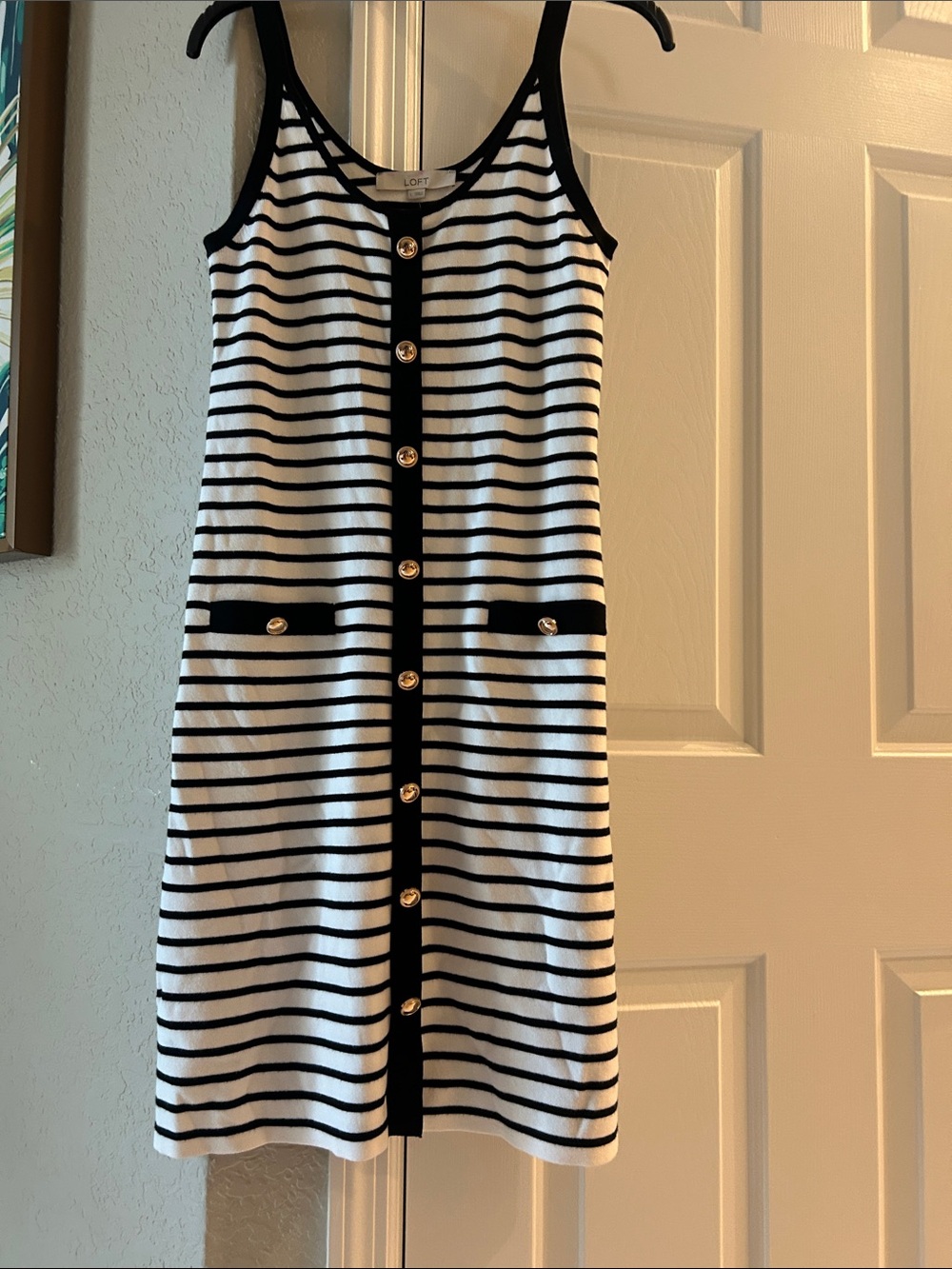 LOFT Black & White Striped Button-Front Tank Dress with Gold Buttons